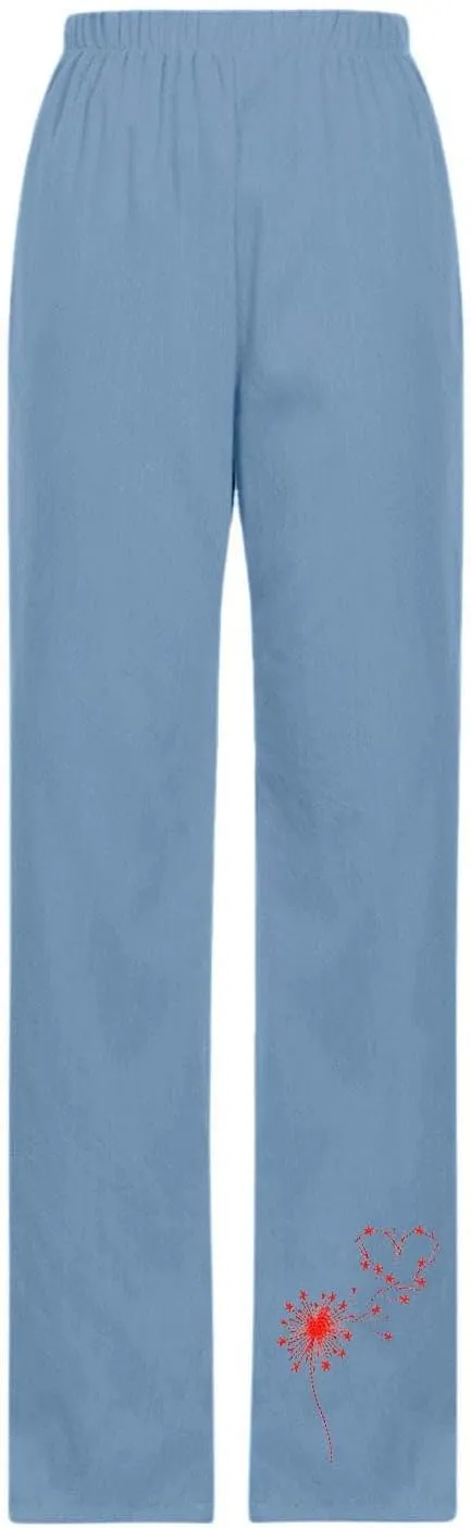 Cotton Linen Pants Women Casual Drawstring High Waist Summer Trousers Loose Fit Lounge Beach Pants with Graphic