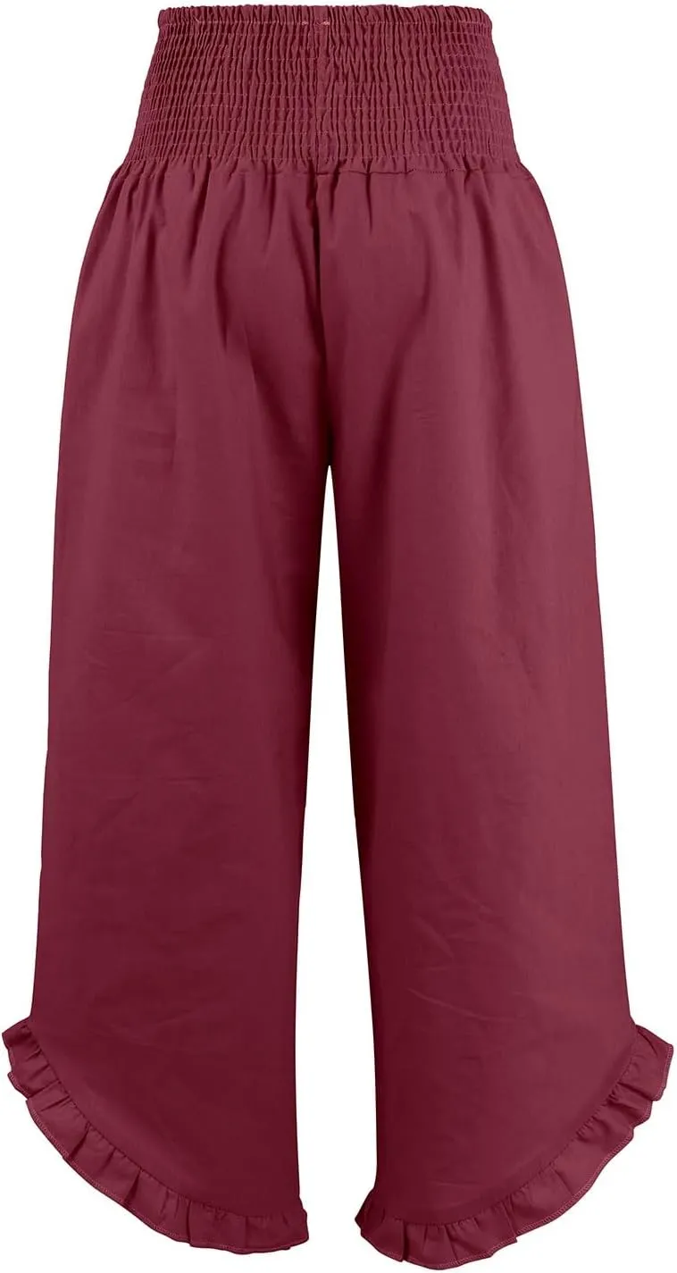 Cotton Linen Pants Women Casual Summer Pleated Elastic Waist Palazzo Pants Wide Leg Ruffle Boho Flowy Beach Trousers