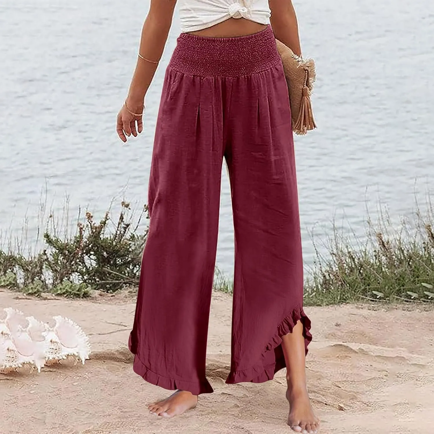 Cotton Linen Pants Women Casual Summer Pleated Elastic Waist Palazzo Pants Wide Leg Ruffle Boho Flowy Beach Trousers