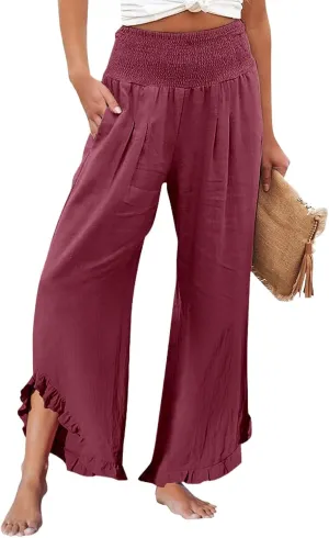 Cotton Linen Pants Women Casual Summer Pleated Elastic Waist Palazzo Pants Wide Leg Ruffle Boho Flowy Beach Trousers