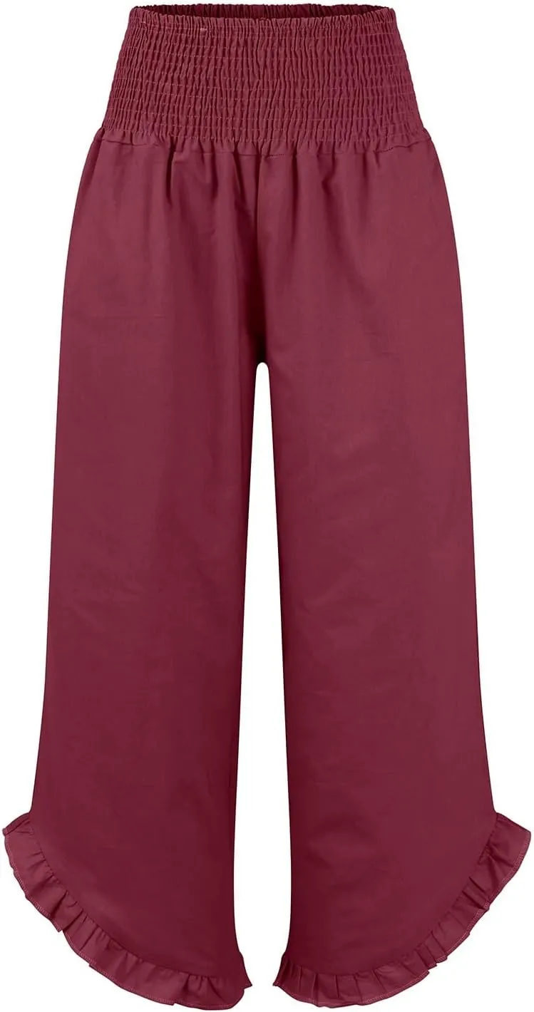 Cotton Linen Pants Women Casual Summer Pleated Elastic Waist Palazzo Pants Wide Leg Ruffle Boho Flowy Beach Trousers