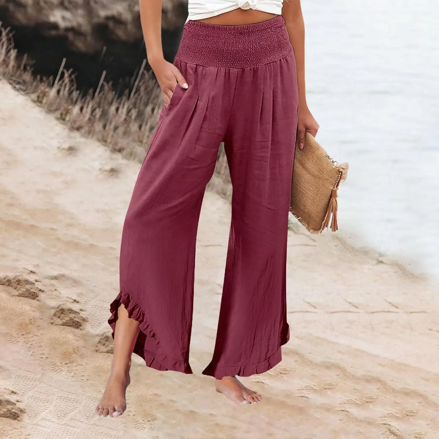 Cotton Linen Pants Women Casual Summer Pleated Elastic Waist Palazzo Pants Wide Leg Ruffle Boho Flowy Beach Trousers