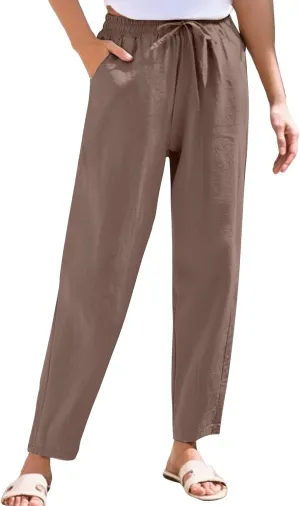 Cotton Linen Pants Women Lightweight Summer Joggers Drawstring Straight Leg Trousers Casual Beach Pants with Pockets