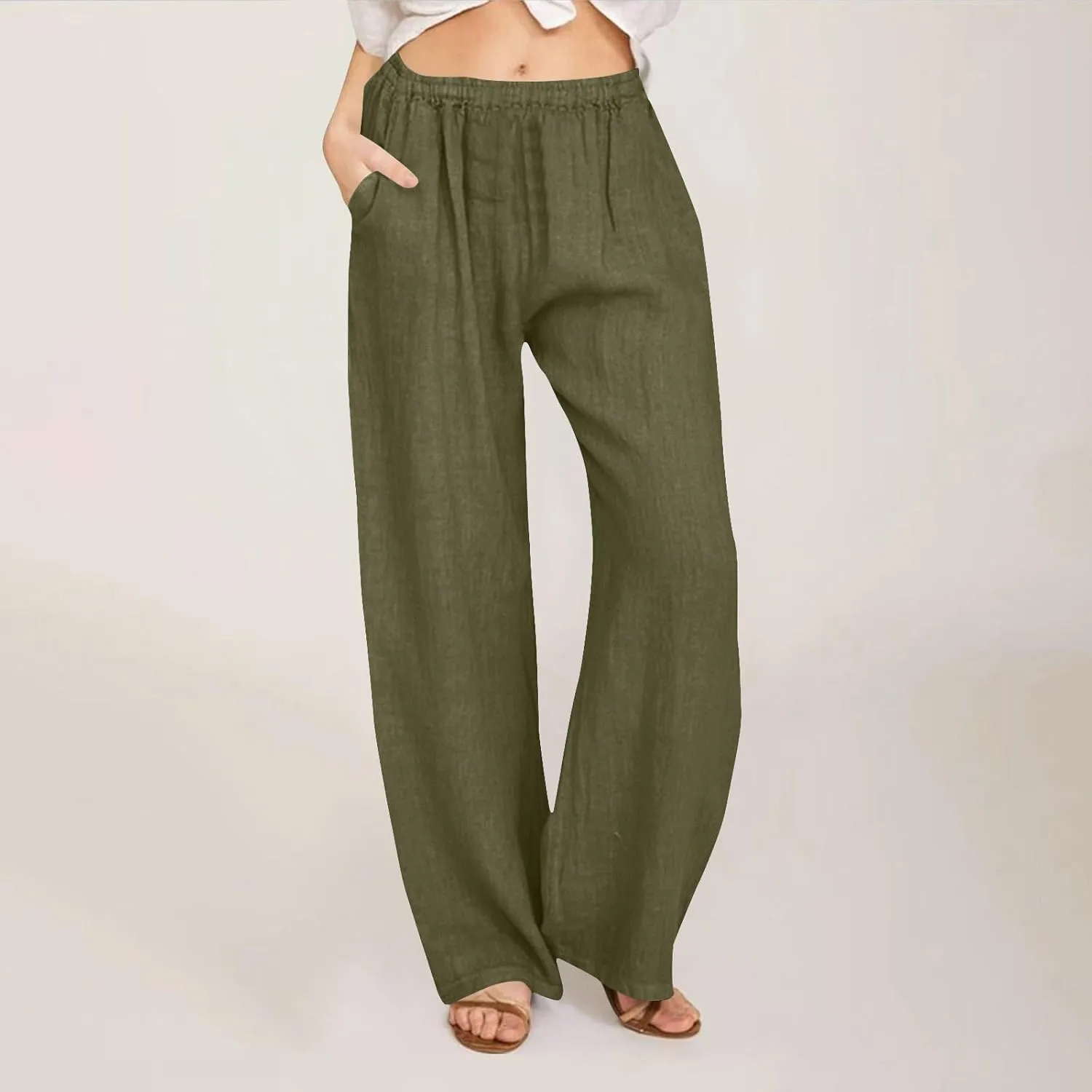 Cotton Linen Pants Women Summer Casual Loose Drawstring Pant Wide Leg High Waist Trousers Lounge Beach Slacks Outfits