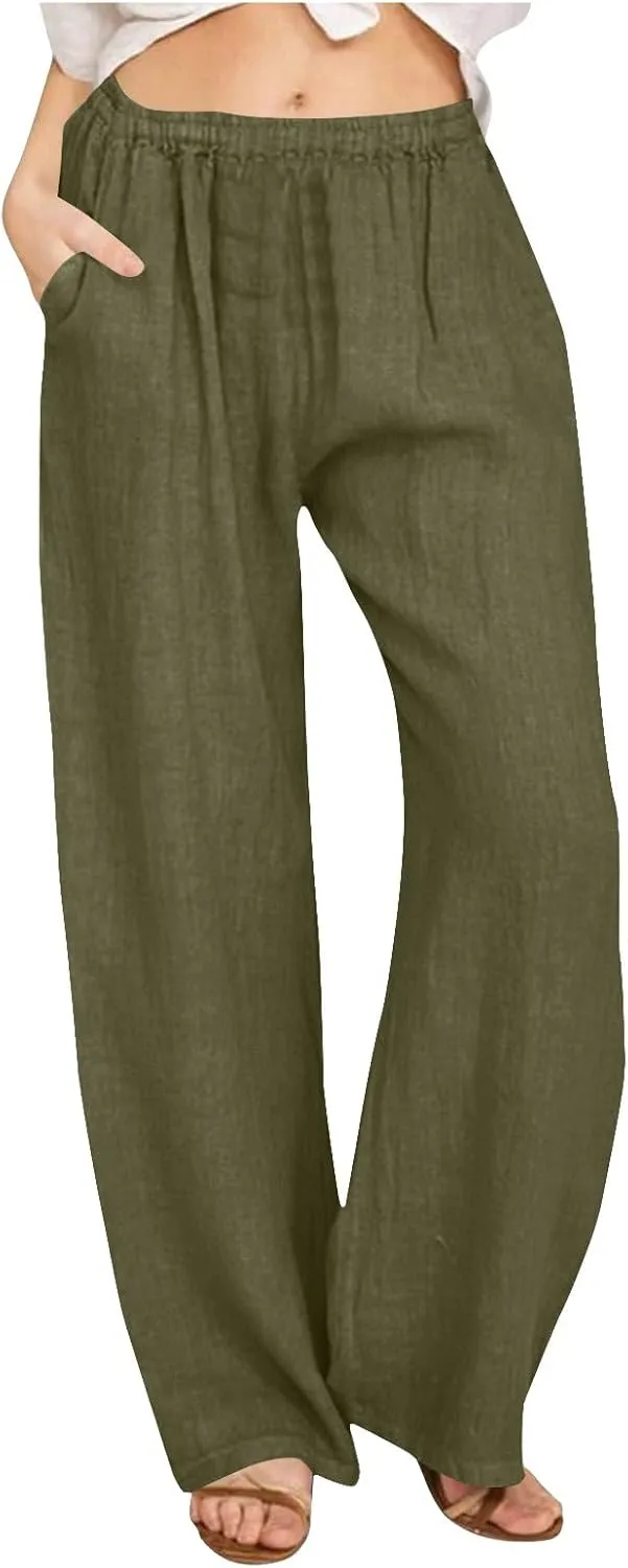 Cotton Linen Pants Women Summer Casual Loose Drawstring Pant Wide Leg High Waist Trousers Lounge Beach Slacks Outfits