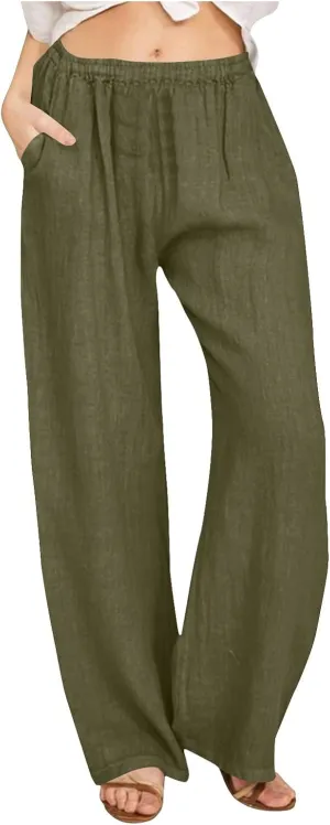 Cotton Linen Pants Women Summer Casual Loose Drawstring Pant Wide Leg High Waist Trousers Lounge Beach Slacks Outfits