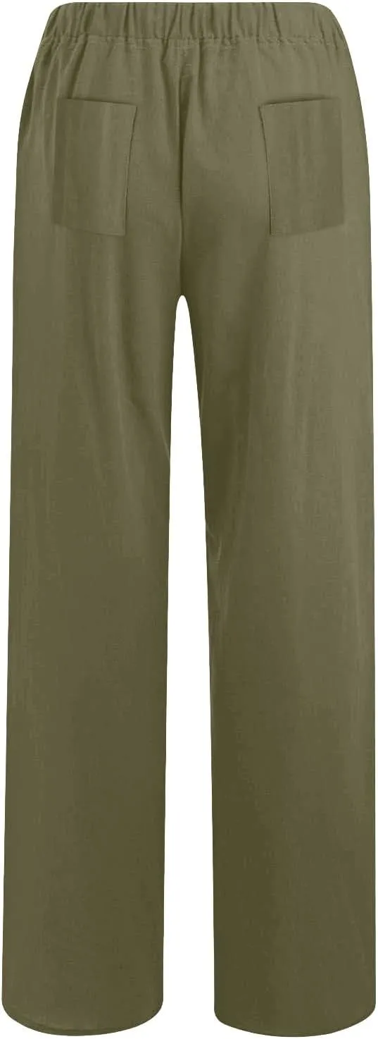 Cotton Linen Pants Women Summer Casual Loose Drawstring Pant Wide Leg High Waist Trousers Lounge Beach Slacks Outfits