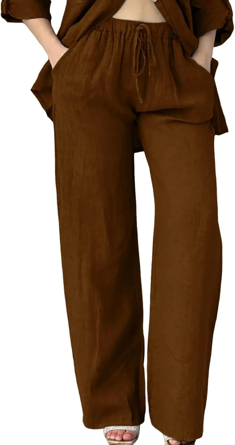 Cotton Linen Pants Women Summer High Waist Casual Drawstring Pants Straight Leg Going Out Lounge Trouser with Pocket