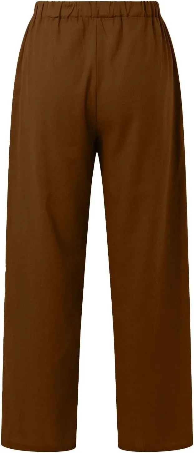 Cotton Linen Pants Women Summer High Waist Casual Drawstring Pants Straight Leg Going Out Lounge Trouser with Pocket