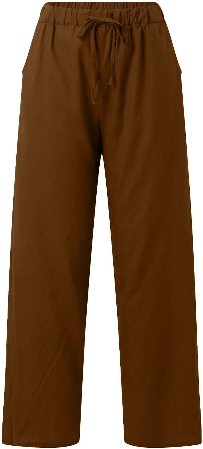 Cotton Linen Pants Women Summer High Waist Casual Drawstring Pants Straight Leg Going Out Lounge Trouser with Pocket