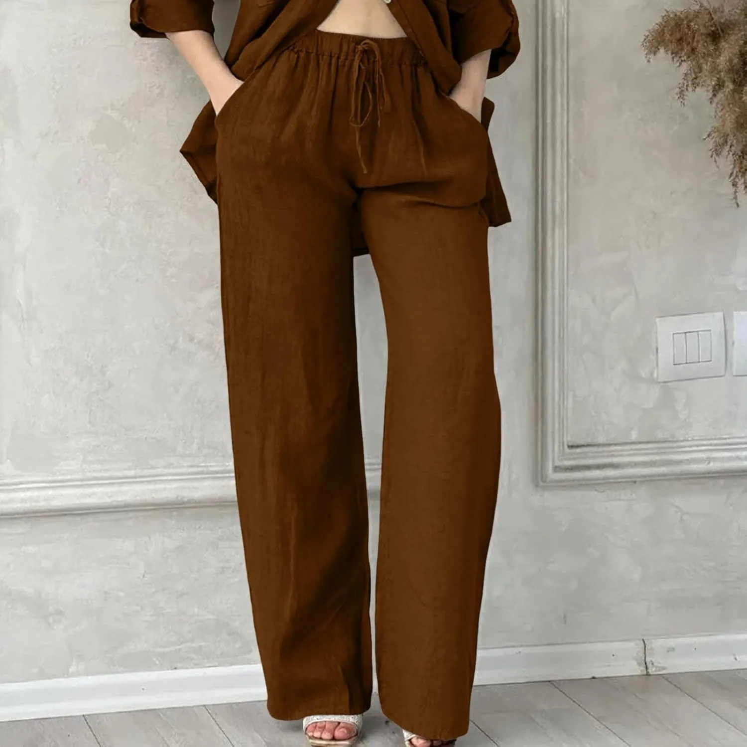 Cotton Linen Pants Women Summer High Waist Casual Drawstring Pants Straight Leg Going Out Lounge Trouser with Pocket