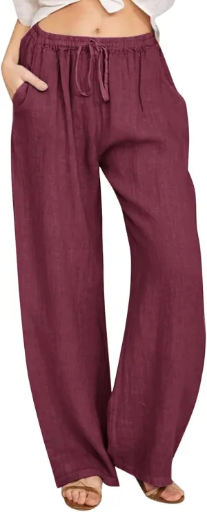 Cotton Linen Pants Women Summer Wide Leg Casual Loose Trousers Drawstring High Waist Palazzo Pants with Pockets 2025
