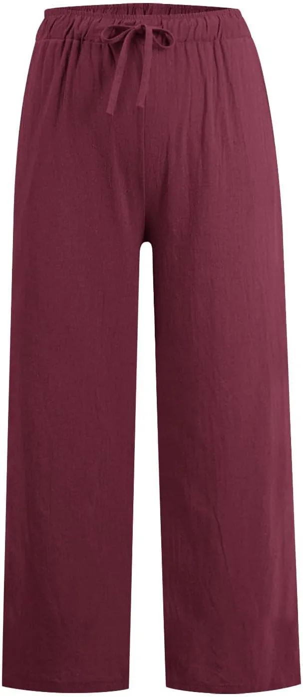 Cotton Linen Pants Women Summer Wide Leg Casual Loose Trousers Drawstring High Waist Palazzo Pants with Pockets 2025