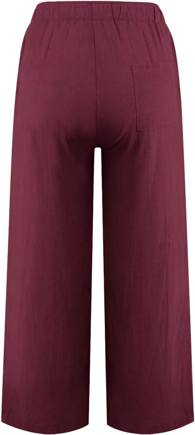 Cotton Linen Pants Women Summer Wide Leg Casual Loose Trousers Drawstring High Waist Palazzo Pants with Pockets 2025