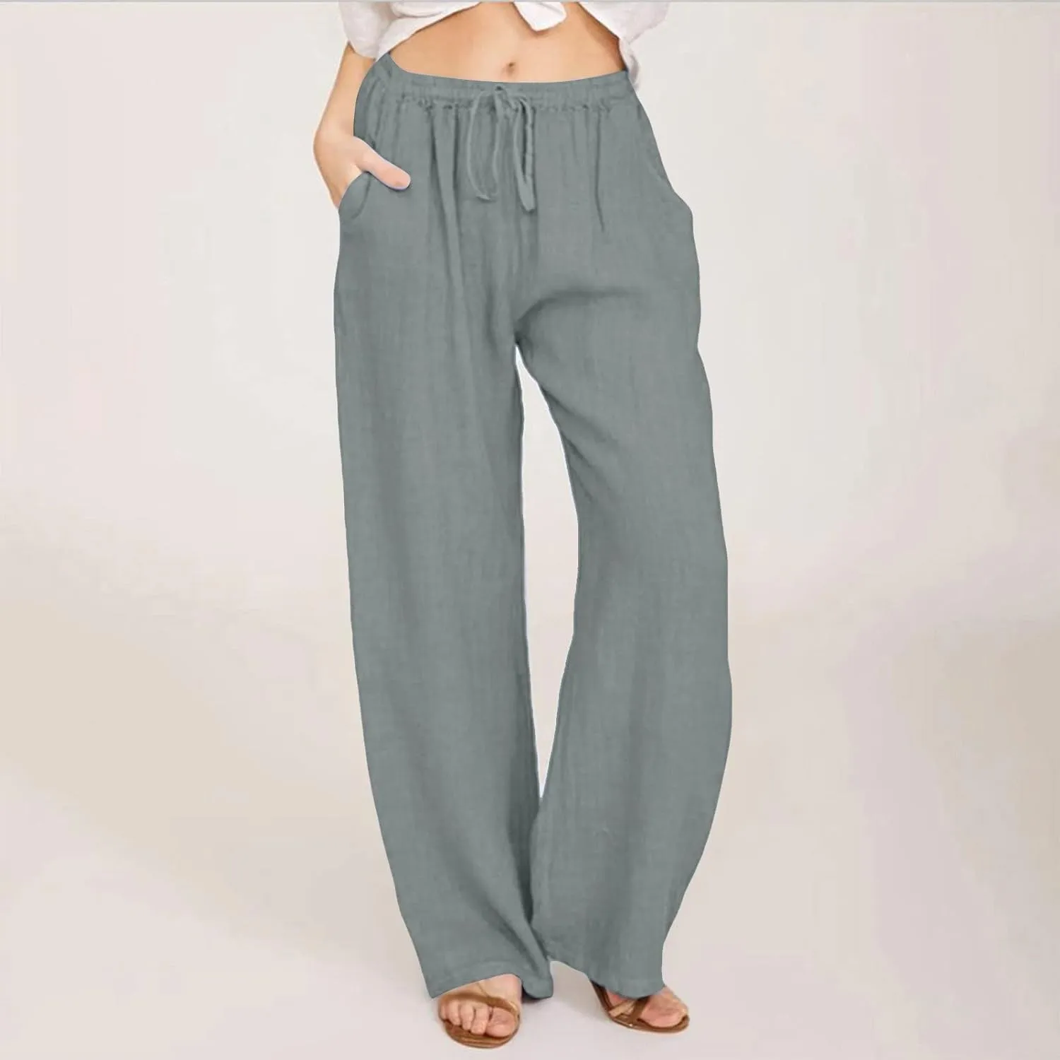 Cotton Linen Pants Women Summer Wide Leg Drawstring High Waisted Palazzo Pants Casual Loose Trousers with Pockets