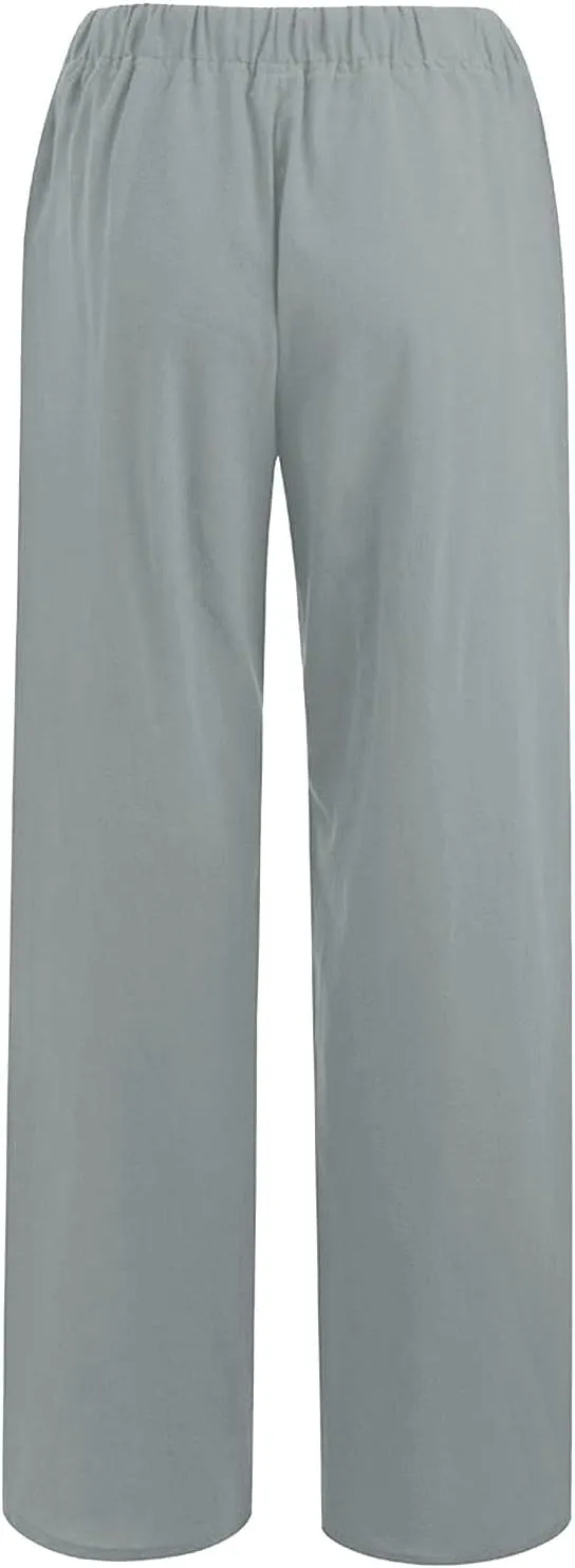 Cotton Linen Pants Women Summer Wide Leg Drawstring High Waisted Palazzo Pants Casual Loose Trousers with Pockets