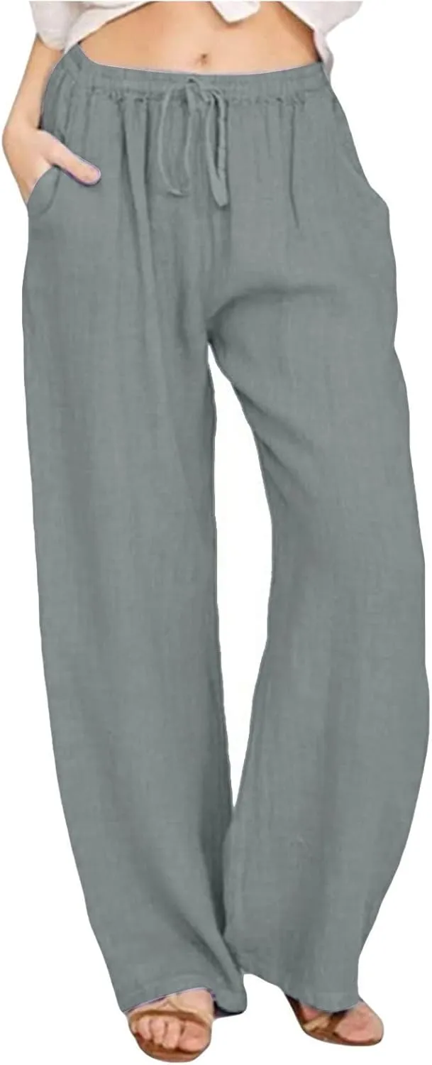 Cotton Linen Pants Women Summer Wide Leg Drawstring High Waisted Palazzo Pants Casual Loose Trousers with Pockets
