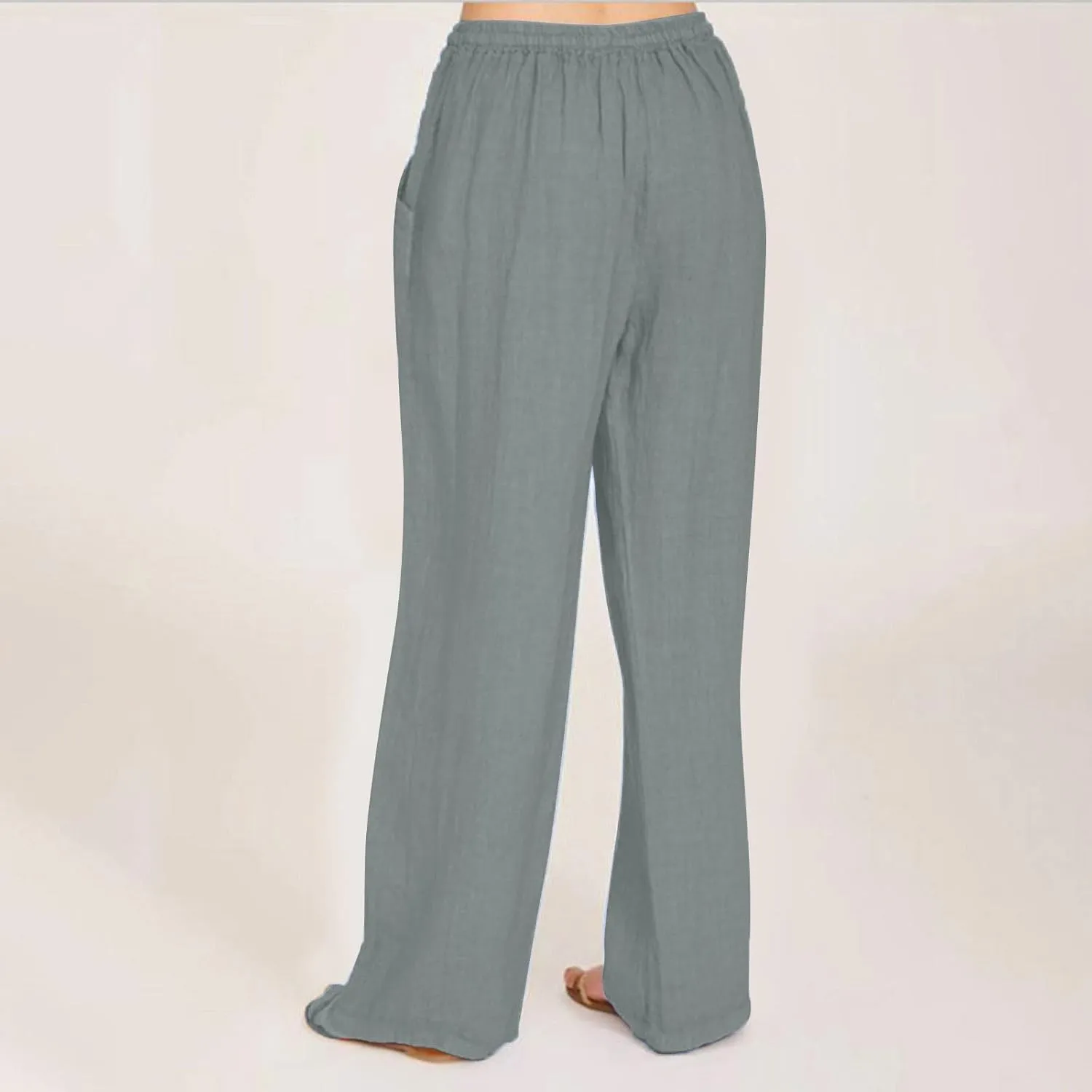 Cotton Linen Pants Women Summer Wide Leg Drawstring High Waisted Palazzo Pants Casual Loose Trousers with Pockets