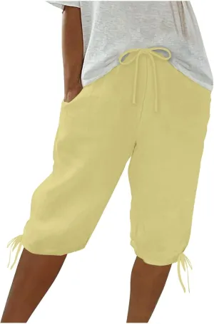 Cotton Linen Shorts for Women 2025 Trendy Casual Loose Beach Vacation Drawstring Bermuda Boho SweatShorts with Pocket