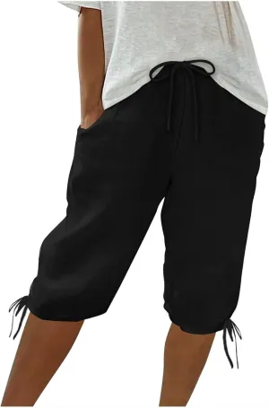 Cotton Linen Shorts for Women 2025 Trendy Casual Loose Beach Vacation Drawstring Bermuda Boho SweatShorts with Pocket