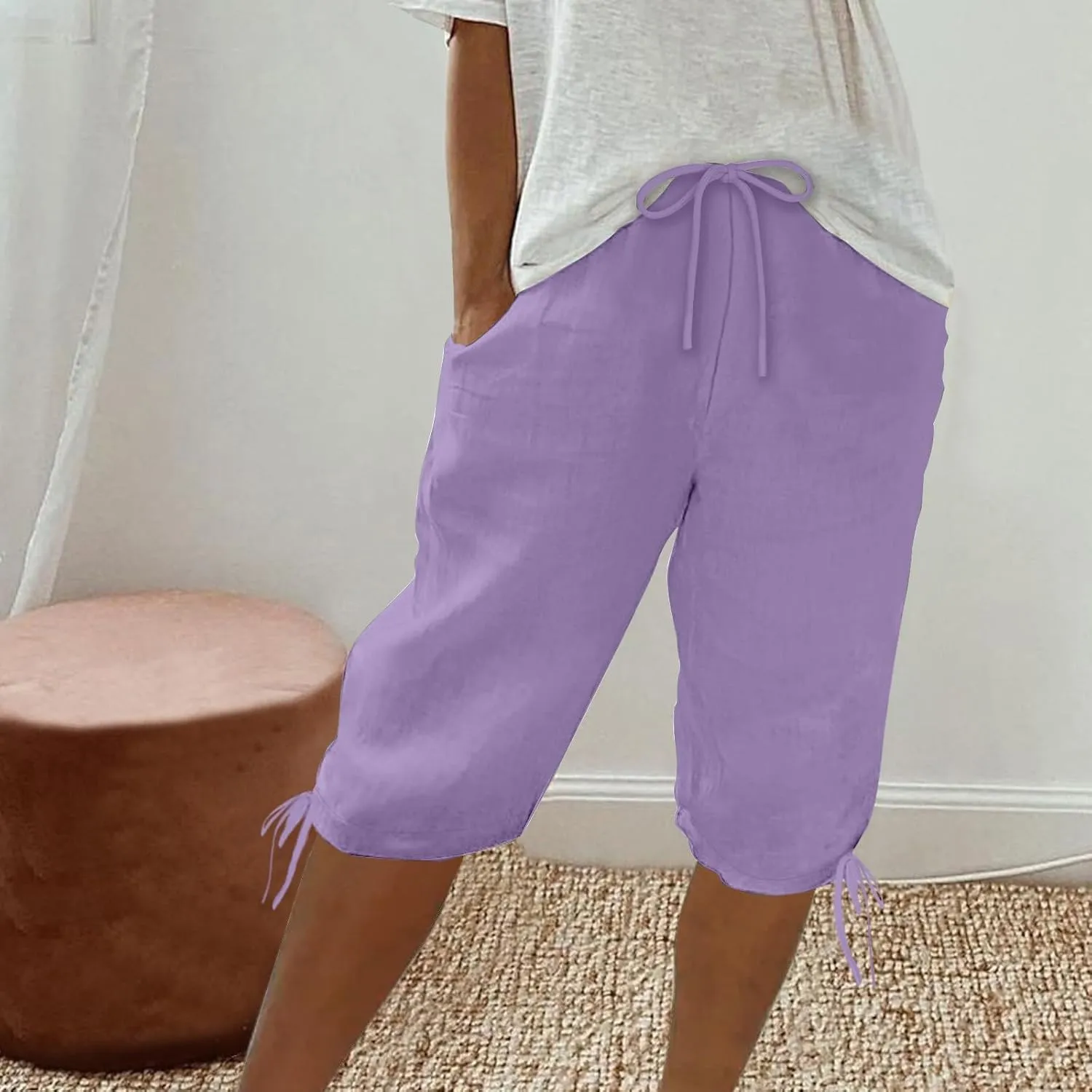 Cotton Linen Shorts for Women 2025 Trendy Casual Loose Beach Vacation Drawstring Bermuda Boho SweatShorts with Pocket