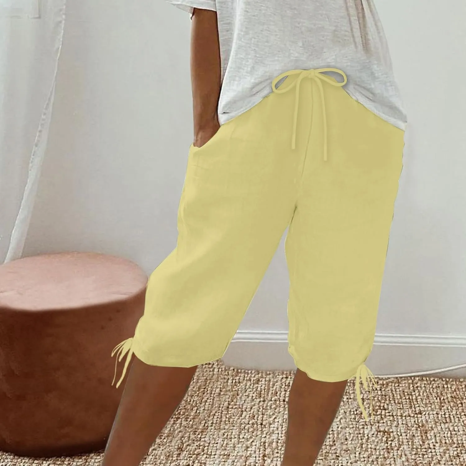 Cotton Linen Shorts for Women 2025 Trendy Casual Loose Beach Vacation Drawstring Bermuda Boho SweatShorts with Pocket