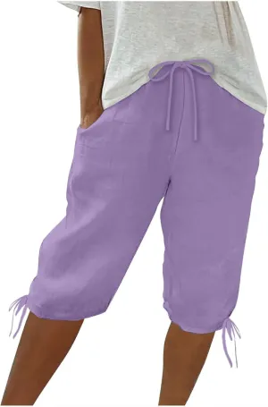 Cotton Linen Shorts for Women 2025 Trendy Casual Loose Beach Vacation Drawstring Bermuda Boho SweatShorts with Pocket