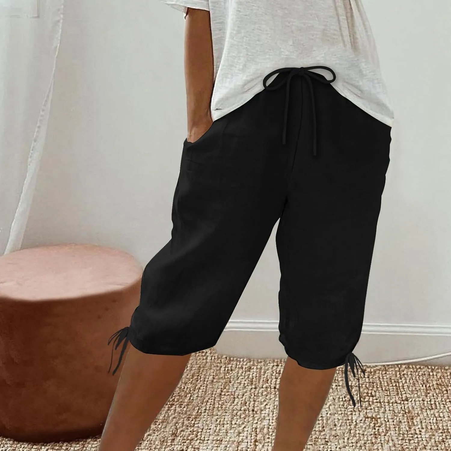 Cotton Linen Shorts for Women 2025 Trendy Casual Loose Beach Vacation Drawstring Bermuda Boho SweatShorts with Pocket
