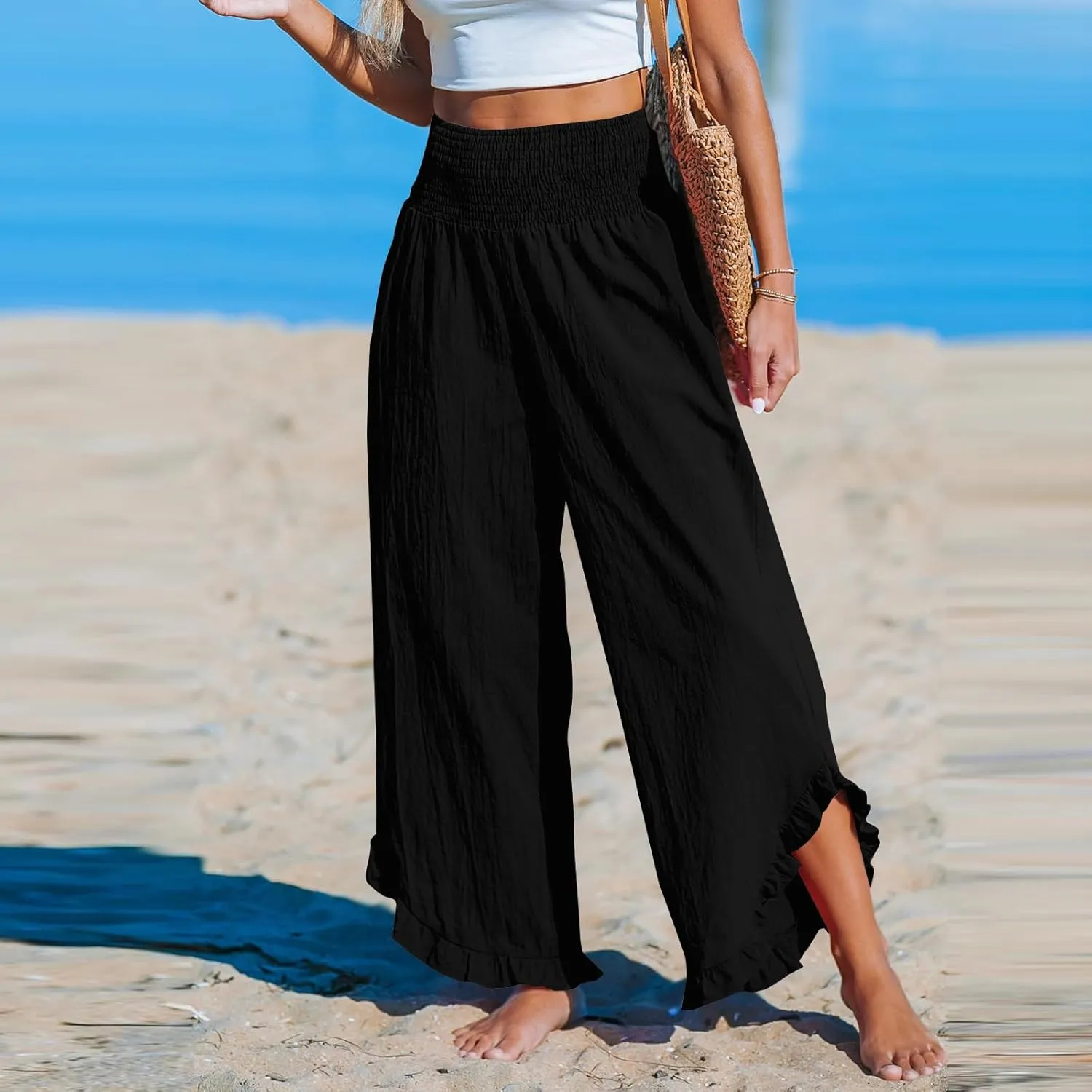 Cotton Linen Wide Leg Pants for Women Summer Casual Beach Stretch Smocked High Waisted Ruffle Hem Palazzo Pants