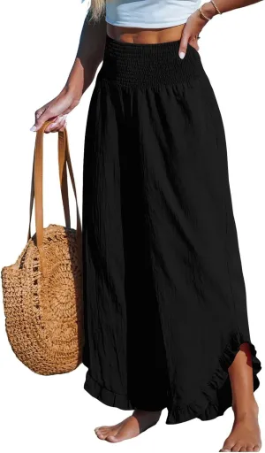 Cotton Linen Wide Leg Pants for Women Summer Casual Beach Stretch Smocked High Waisted Ruffle Hem Palazzo Pants