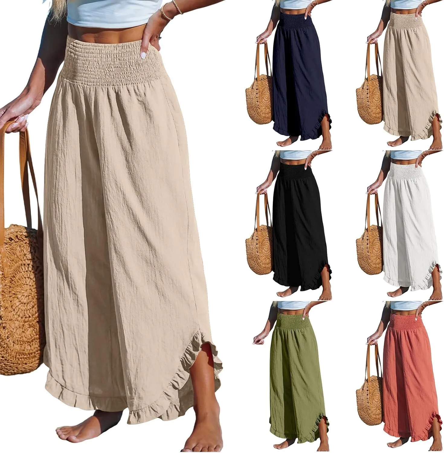 Cotton Linen Wide Leg Pants for Women Summer Casual Beach Stretch Smocked High Waisted Ruffle Hem Palazzo Pants