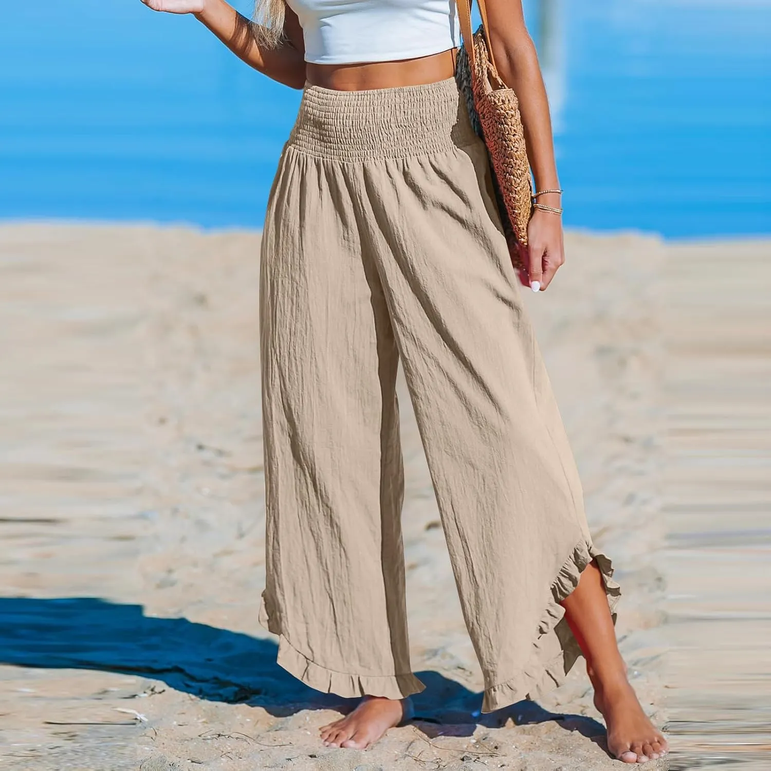 Cotton Linen Wide Leg Pants for Women Summer Casual Beach Stretch Smocked High Waisted Ruffle Hem Palazzo Pants