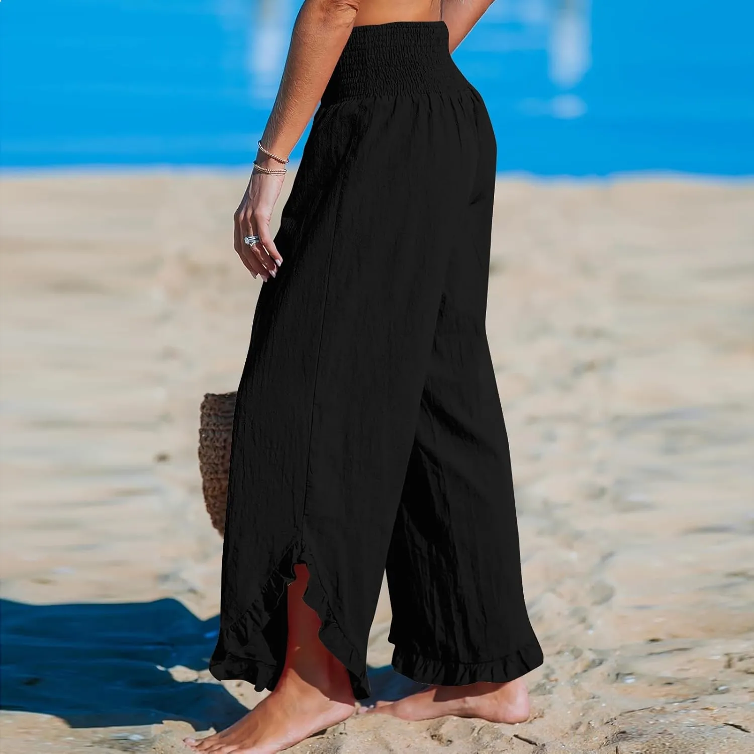 Cotton Linen Wide Leg Pants for Women Summer Casual Beach Stretch Smocked High Waisted Ruffle Hem Palazzo Pants