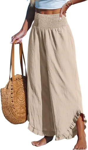 Cotton Linen Wide Leg Pants for Women Summer Casual Beach Stretch Smocked High Waisted Ruffle Hem Palazzo Pants