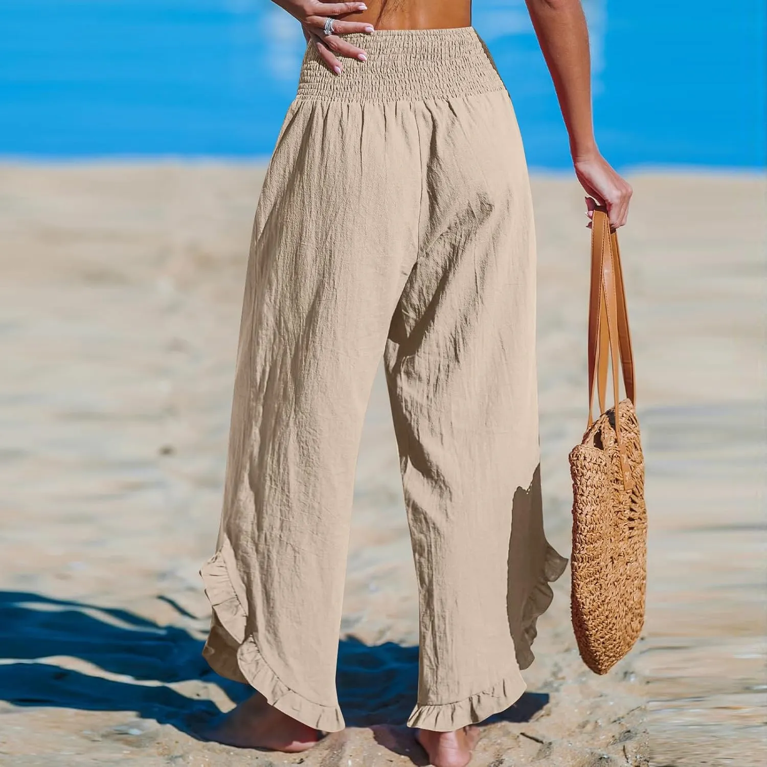 Cotton Linen Wide Leg Pants for Women Summer Casual Beach Stretch Smocked High Waisted Ruffle Hem Palazzo Pants