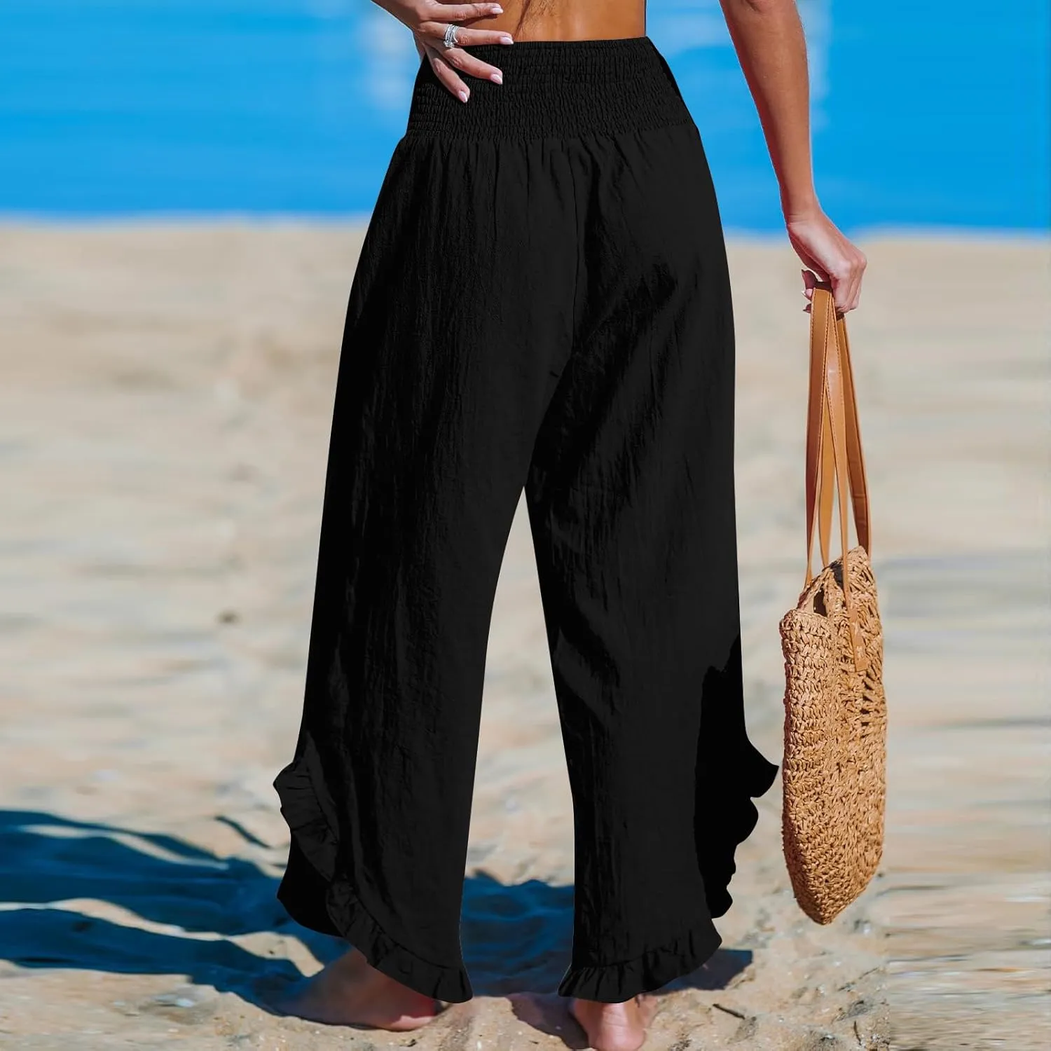 Cotton Linen Wide Leg Pants for Women Summer Casual Beach Stretch Smocked High Waisted Ruffle Hem Palazzo Pants