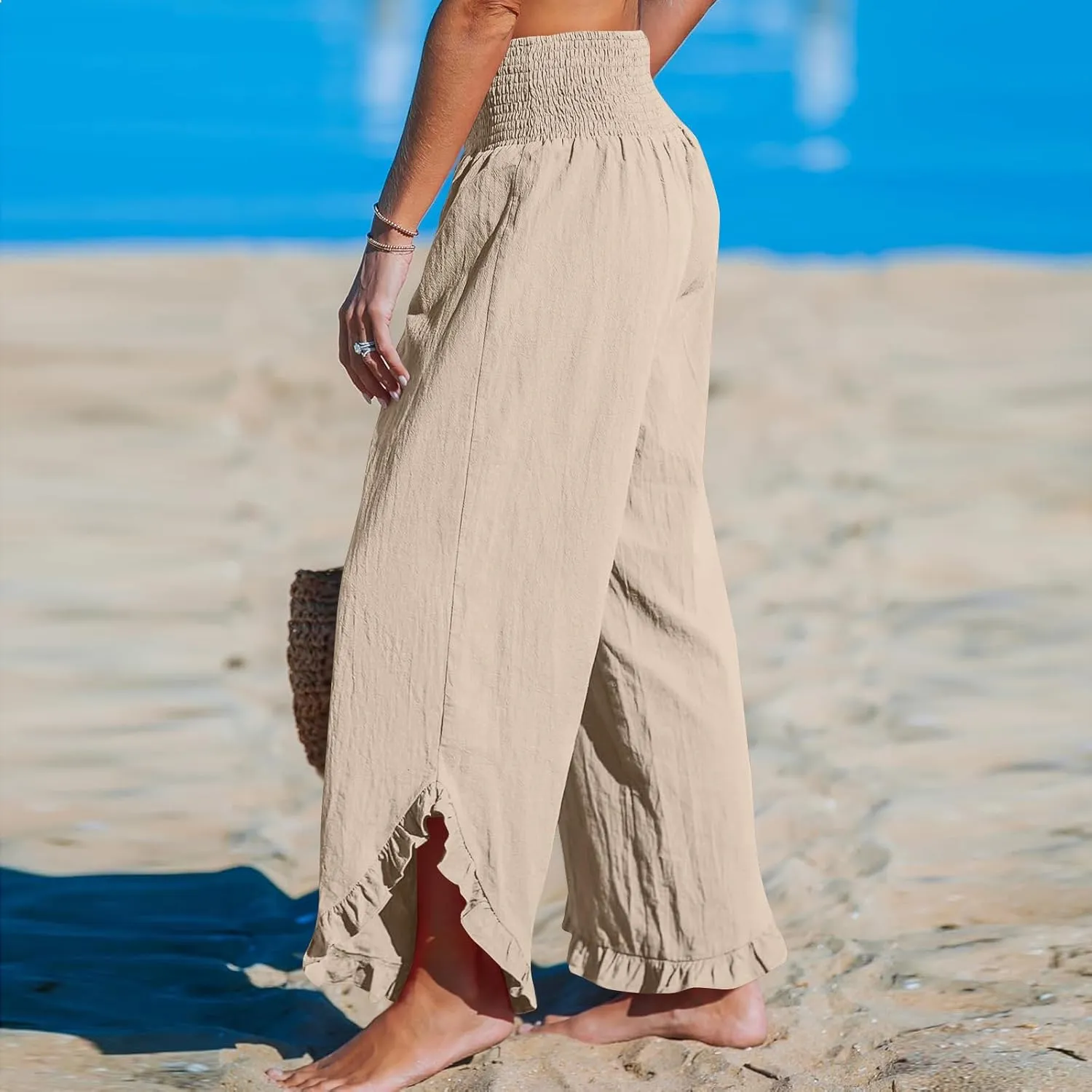 Cotton Linen Wide Leg Pants for Women Summer Casual Beach Stretch Smocked High Waisted Ruffle Hem Palazzo Pants