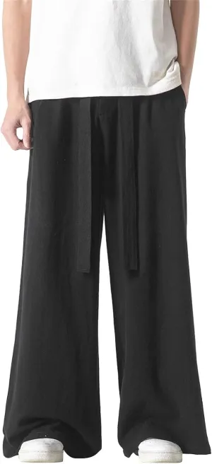 Cotton Linen Yoga Pants Men Elastic Drawstring Waist Lounge Beach Pants Summer Casual Straight Leg Dress Trousers