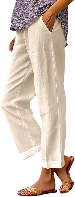 Cropped Linen Pants Women Summer Elastic Waist Straight Leg Capris Plus Size Casual Beach Cropped Pants with Pockets