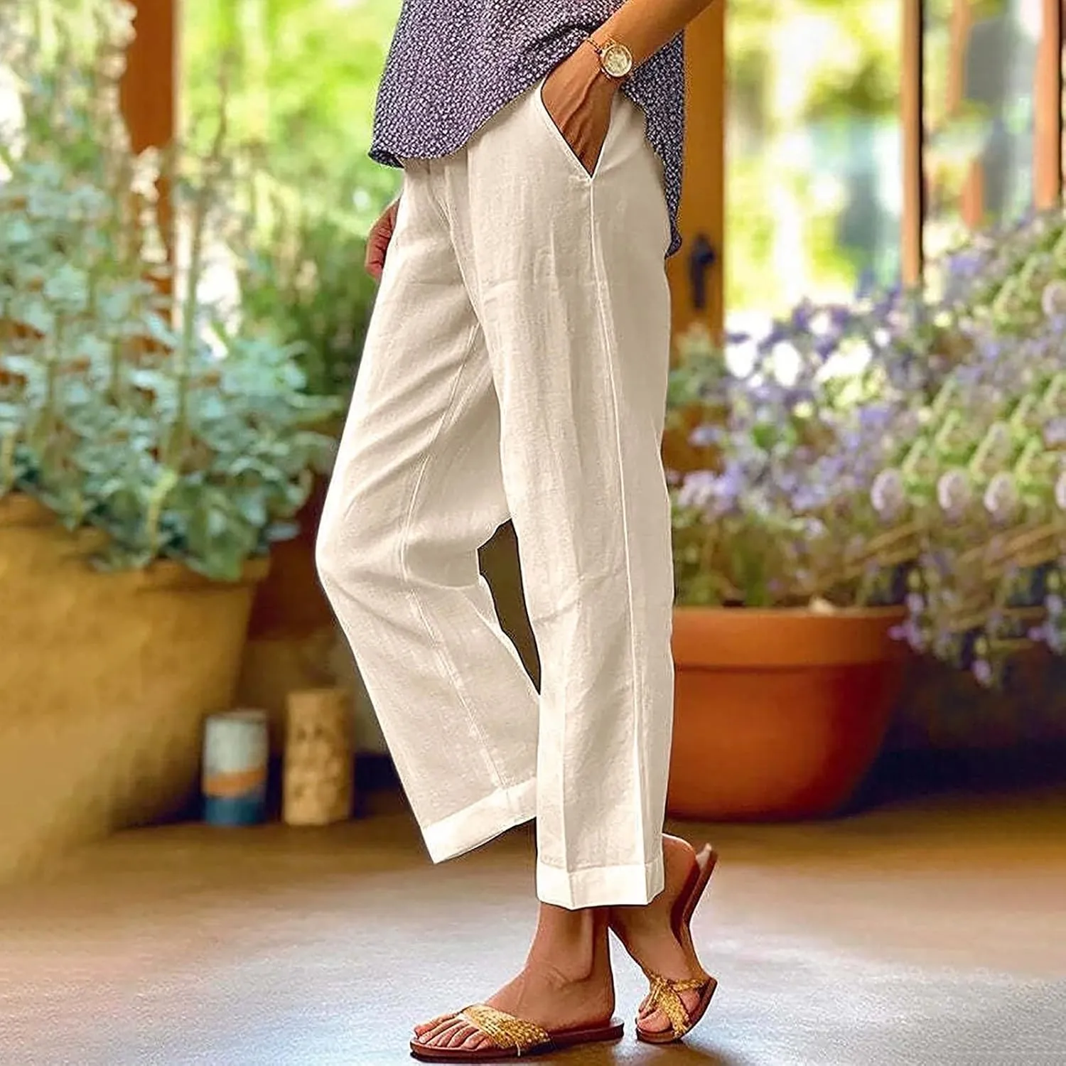 Cropped Linen Pants Women Summer Elastic Waist Straight Leg Capris Plus Size Casual Beach Cropped Pants with Pockets