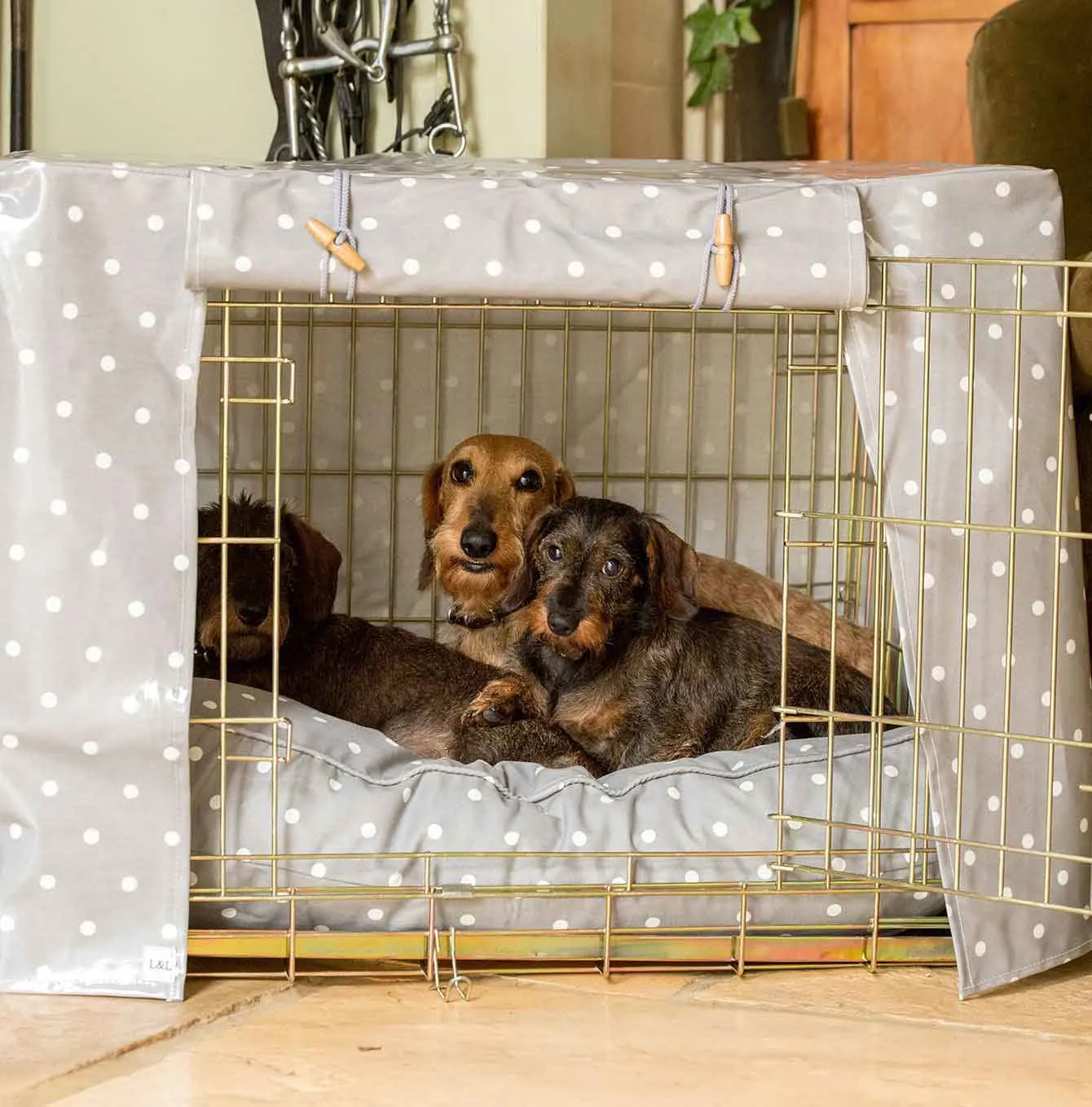 Dog Crate Cover in Grey Spot Oilcloth by Lords & Labradors