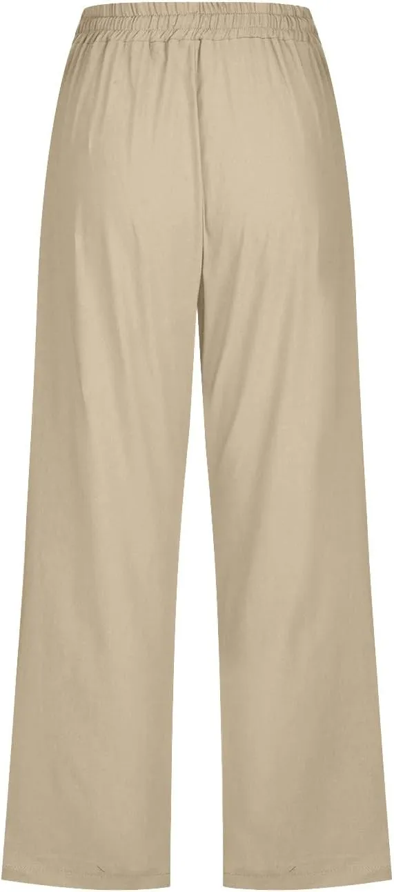 Drawstring Capris for Women Summer Wide Leg Ankle Pants Lightweight Cotton Linen Capri Pants Loose Cropped Trousers