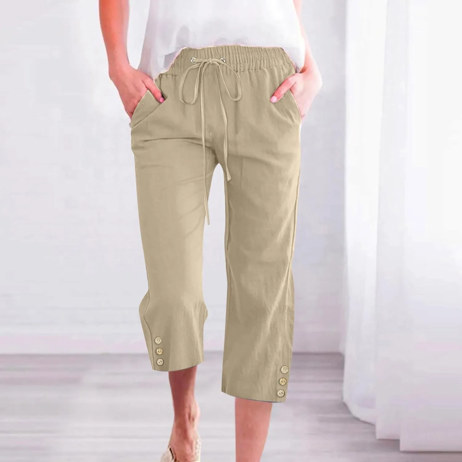 Drawstring Capris for Women Summer Wide Leg Ankle Pants Lightweight Cotton Linen Capri Pants Loose Cropped Trousers