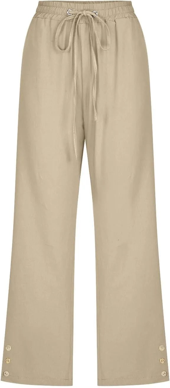Drawstring Capris for Women Summer Wide Leg Ankle Pants Lightweight Cotton Linen Capri Pants Loose Cropped Trousers