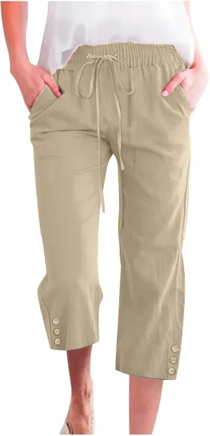 Drawstring Capris for Women Summer Wide Leg Ankle Pants Lightweight Cotton Linen Capri Pants Loose Cropped Trousers