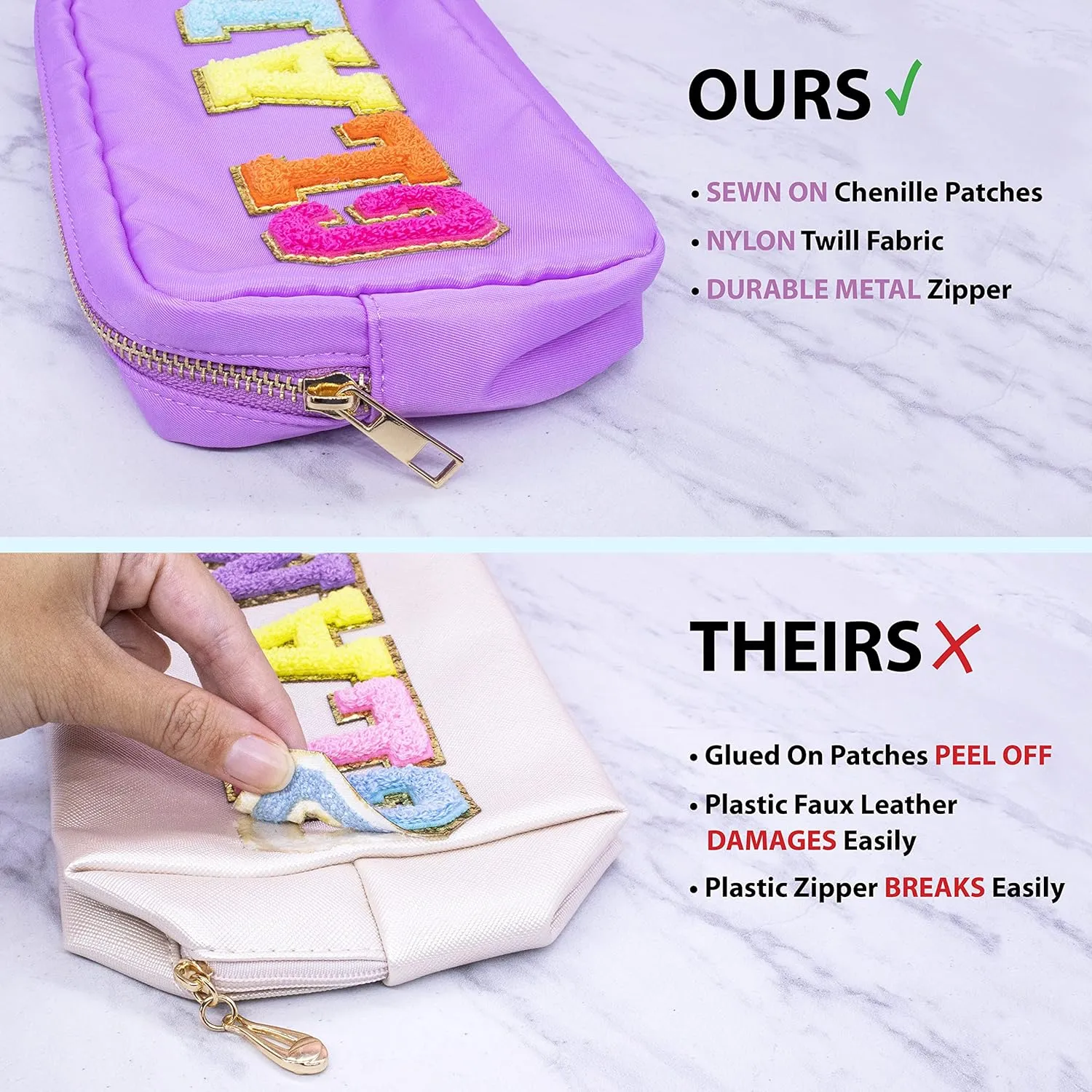 Fablinks Preppy Stuff Bag, Chenille Varsity Letter Makeup Pouch, Nylon Skin Care Zipper Patch Bags Organizer for Women, Travel Make Up Skincare Cosmetic Stocking Stuffers