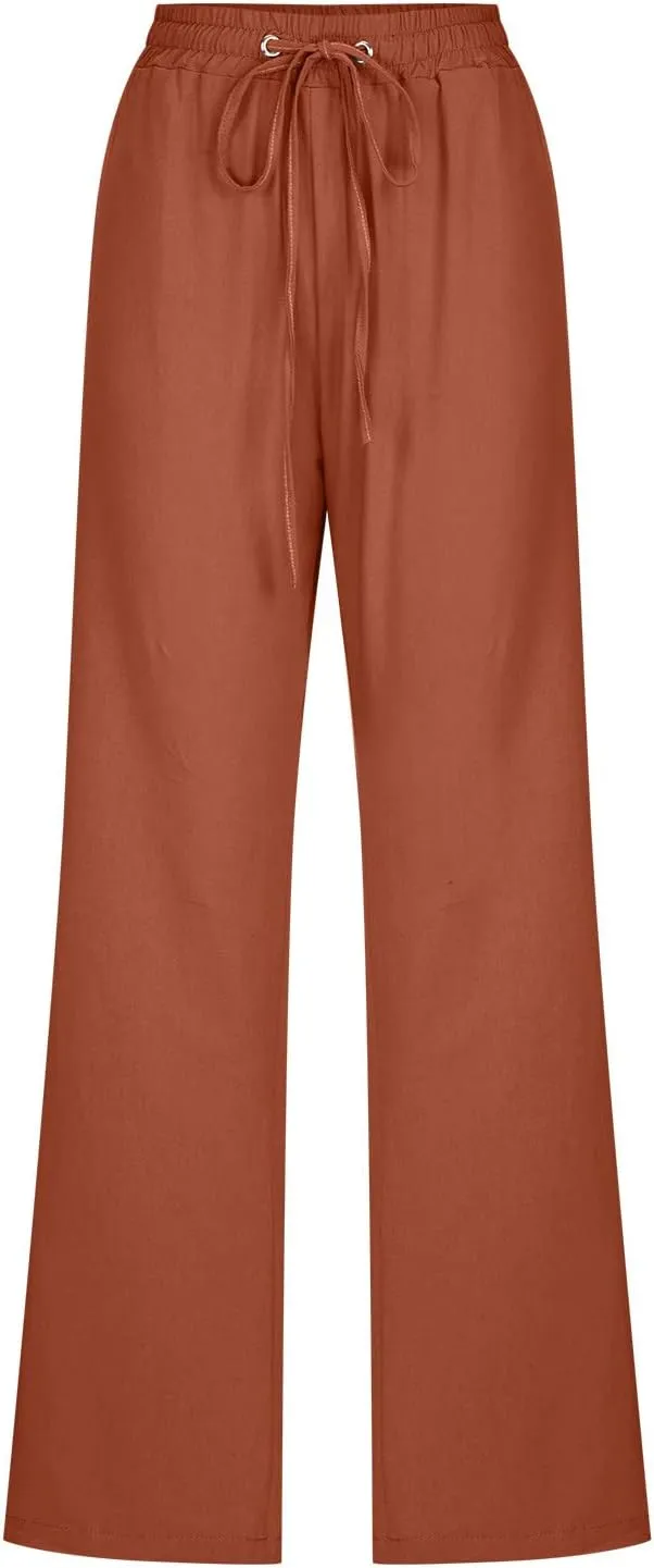 fartey Linen Pants Women Summer Casual Straight Leg Pants Drawstring Elastic High Waist Loose Comfy Trousers with Pockets