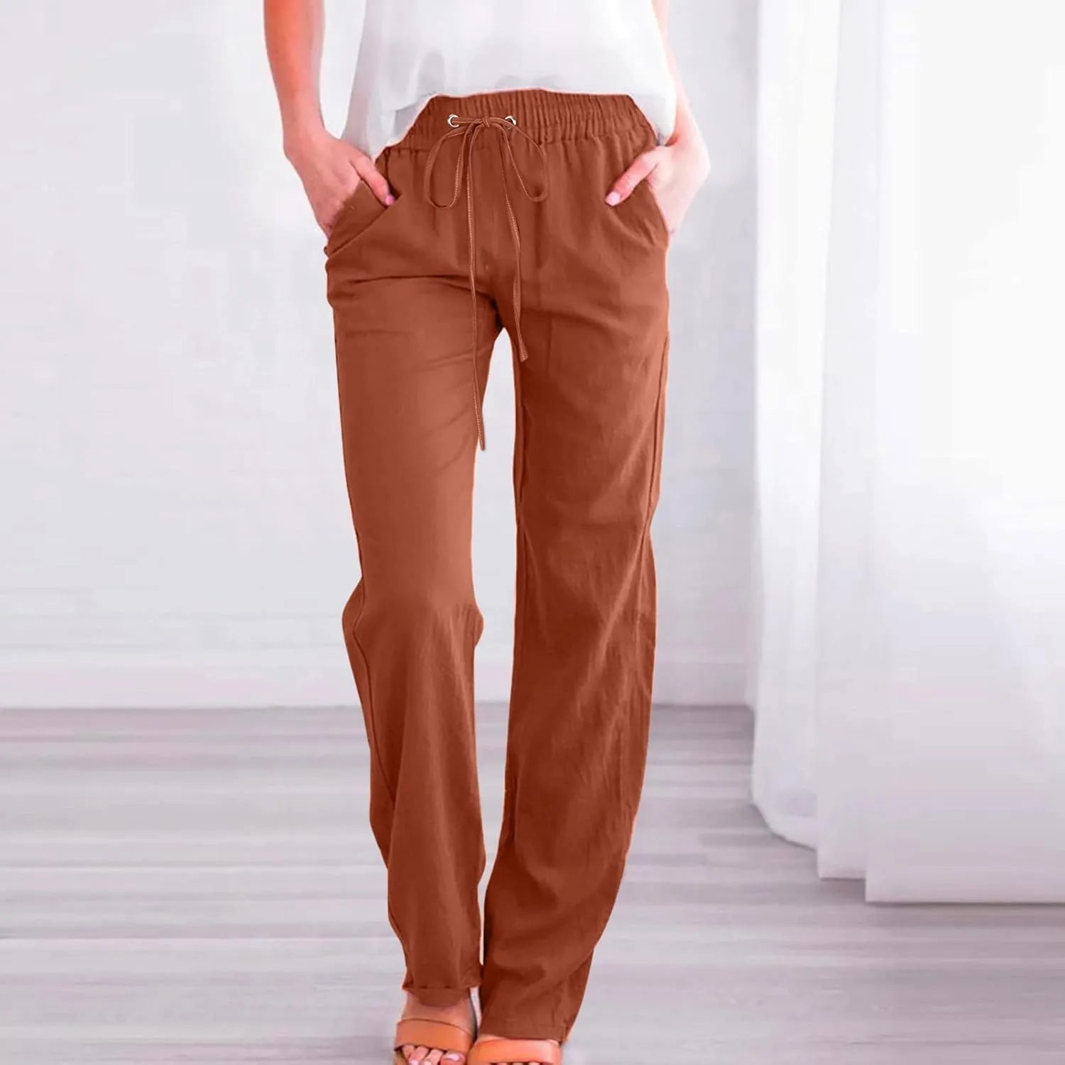fartey Linen Pants Women Summer Casual Straight Leg Pants Drawstring Elastic High Waist Loose Comfy Trousers with Pockets