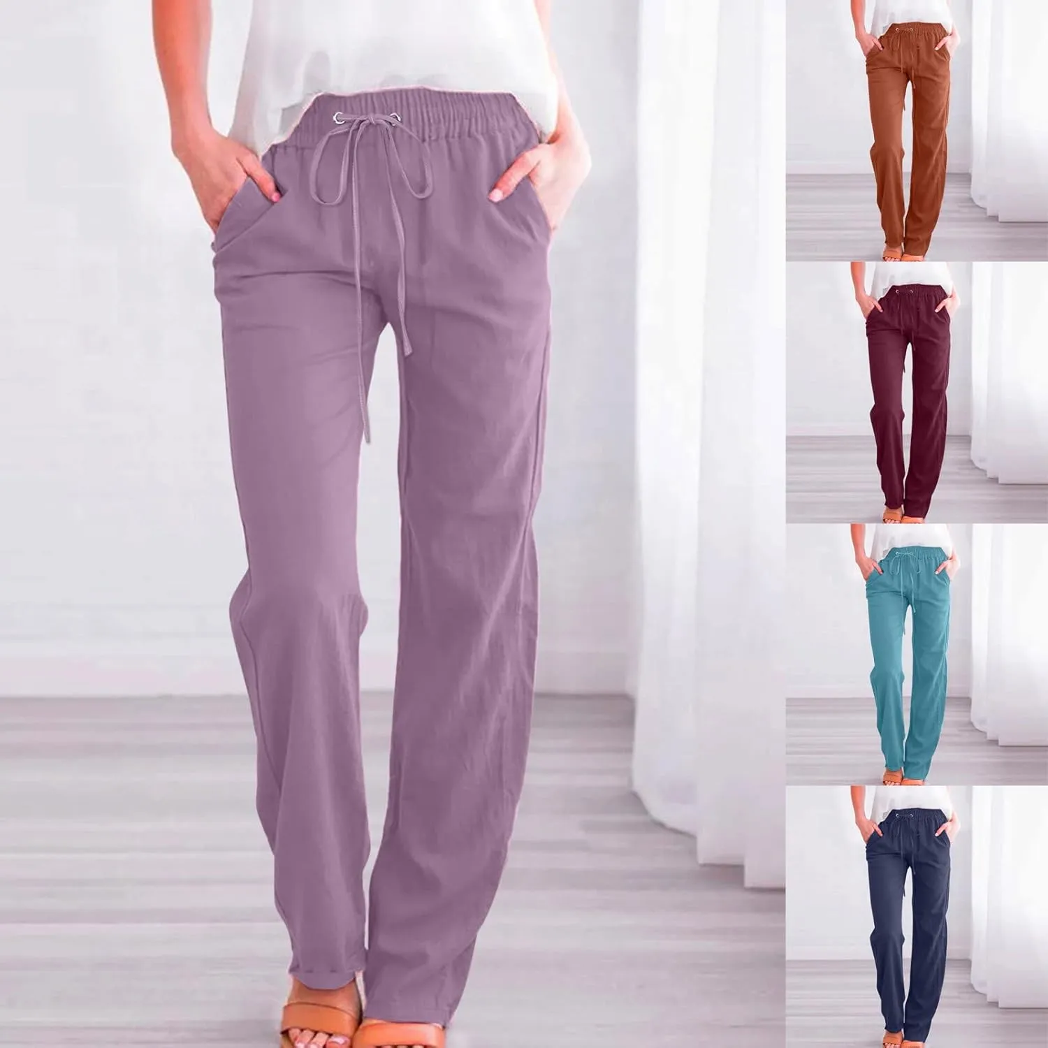 fartey Linen Pants Women Summer Casual Straight Leg Pants Drawstring Elastic High Waist Loose Comfy Trousers with Pockets