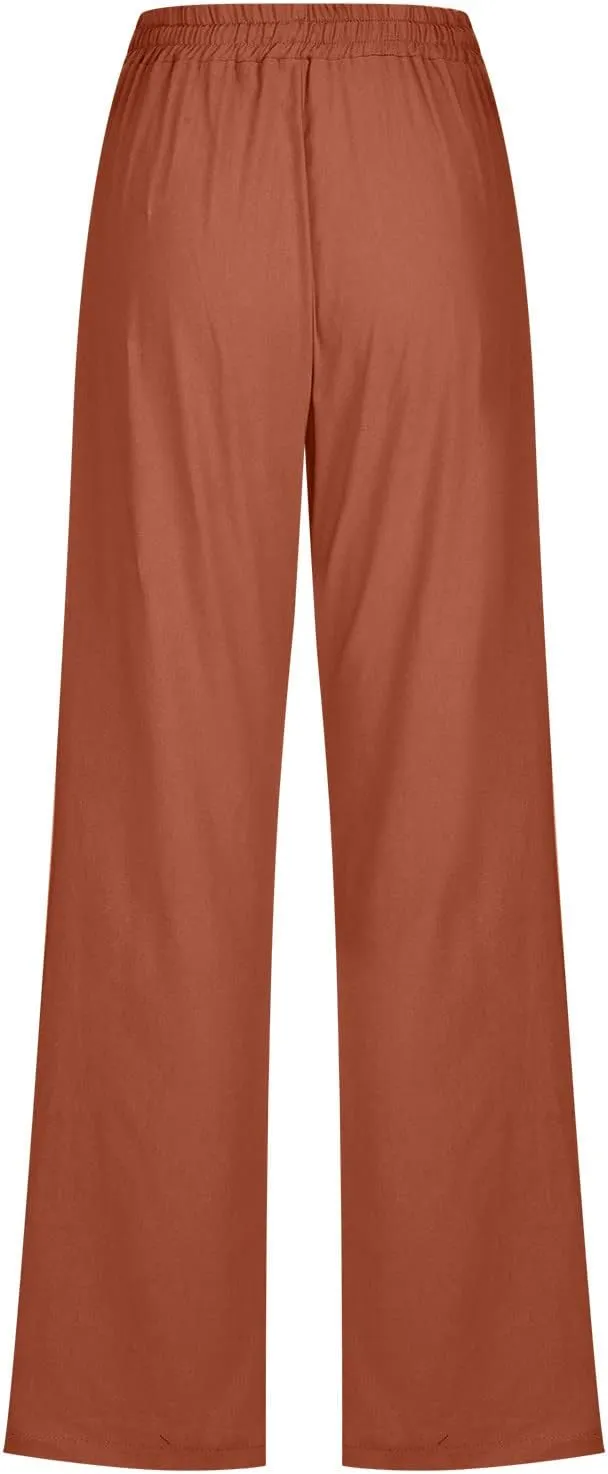 fartey Linen Pants Women Summer Casual Straight Leg Pants Drawstring Elastic High Waist Loose Comfy Trousers with Pockets